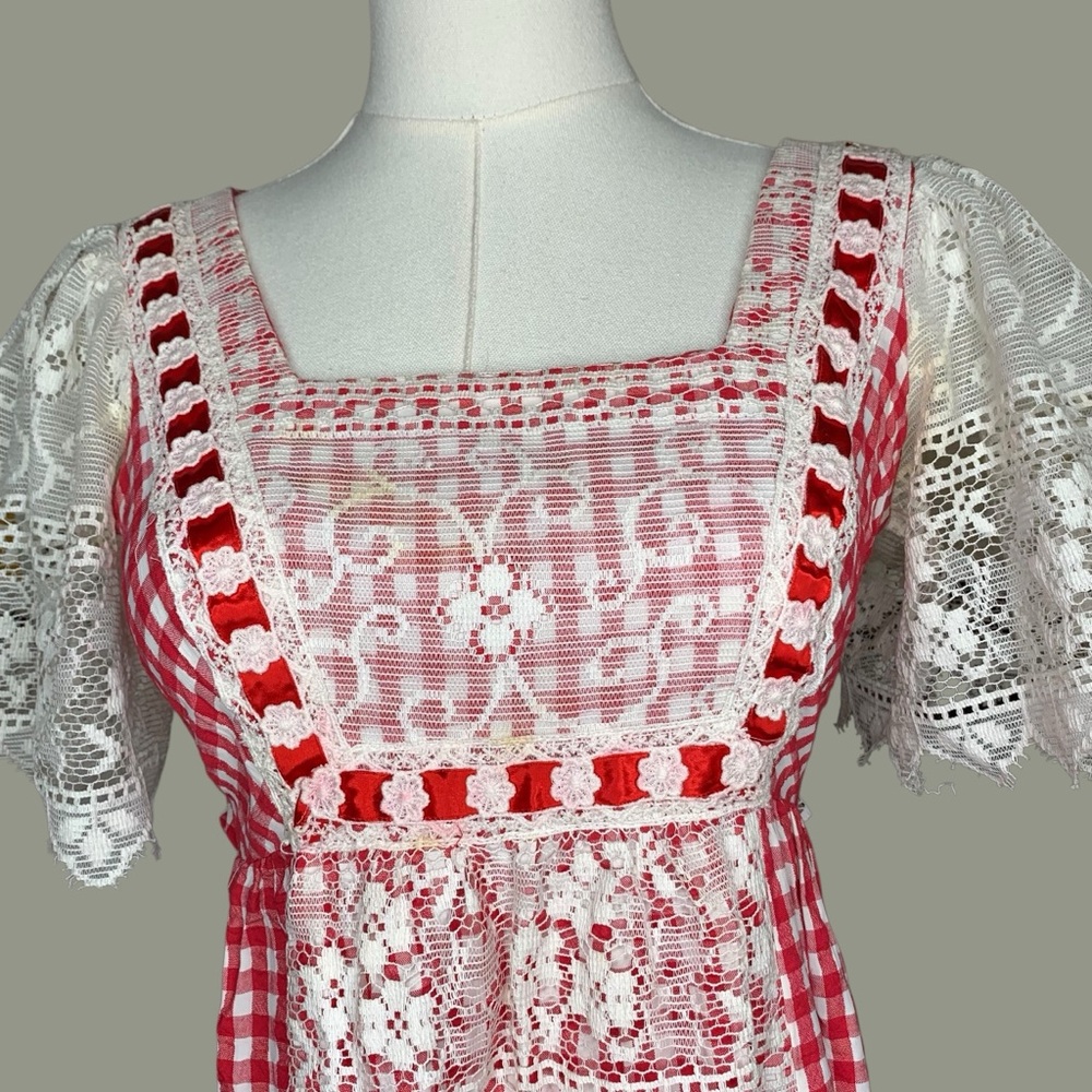 Vintage 70s Red Plaid Lace Cottagecore Prairie Maxi Dress - Picture 4 of 9